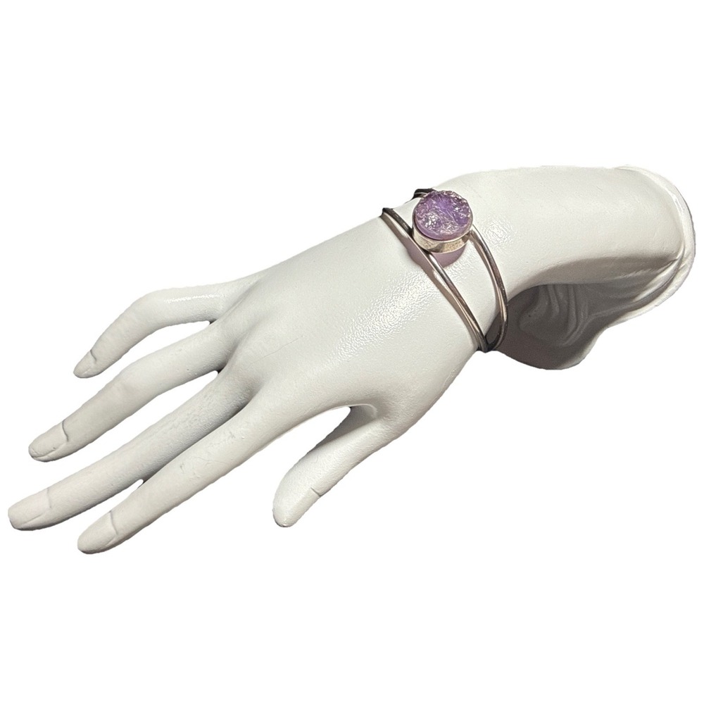 925 Sterling Silver Cuff Bracelet W Raw Amethyst Round Stone Denmark J20-1